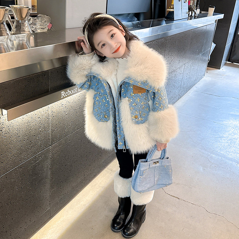 女童仿皮草加绒加厚牛仔外套秋冬款2025新款洋气棉服冬装韩版棉衣,淘宝优惠券,粉丝福利购,淘宝优惠卷