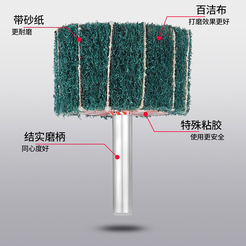 百洁布夹砂磨头 除锈拉丝抛光轮纤维夹砂打磨头飞翼轮带柄6mm叶轮 - 图1