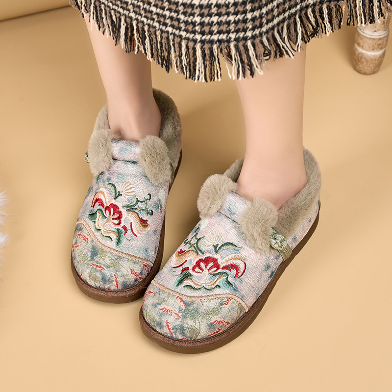 水墨风绣花鞋女2025冬新款加绒老北京布鞋保暖二棉鞋平底百搭舒适,淘宝优惠券,粉丝福利购,淘宝优惠卷