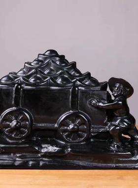 黑曜石牛拉元宝玉石风水元宝吉祥物雕刻摆件聚宝盆玄关办公室摆设