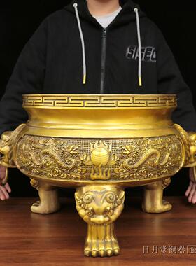 大号纯黄铜香炉二龙戏珠烧香炉家用佛堂寺庙供佛炉三足平口圆香炉
