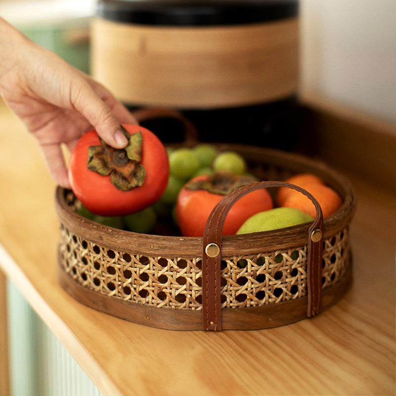 自然而然藤编收纳篮手作六角网眼皮提手藤篮水果面包茶具茶托摆件 - 图2