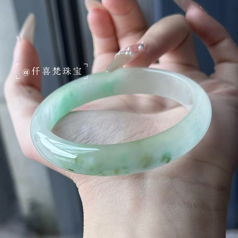 仟喜梵”绮梦泽“高端缅甸翡翠玉手镯子女款纯色冰飘花真玉石处理