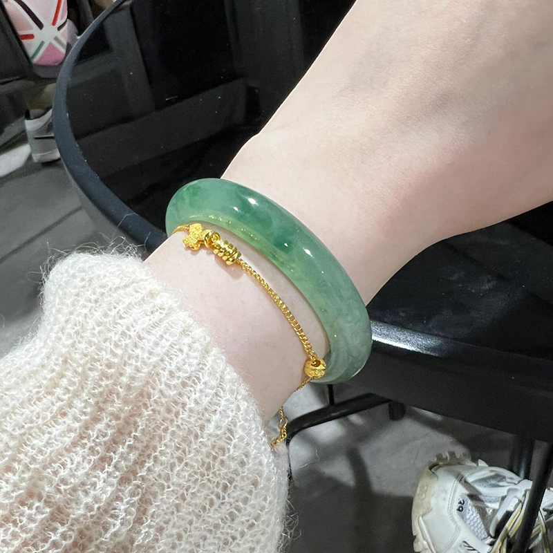 仟喜梵”倚兰庭“缅甸冰种翡翠玉手镯子女款油青冰飘花真玉石处理