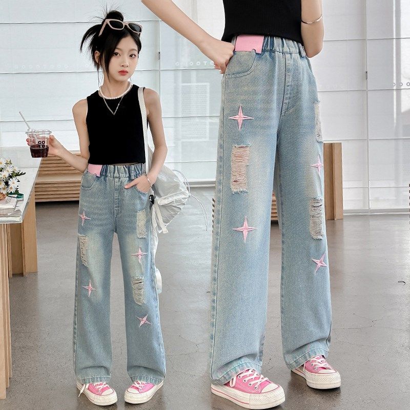 女童裤子夏季薄款女大童宽松直筒小学生破洞阔腿裤夏装儿童牛仔裤,淘宝优惠券,粉丝福利购,淘宝优惠卷