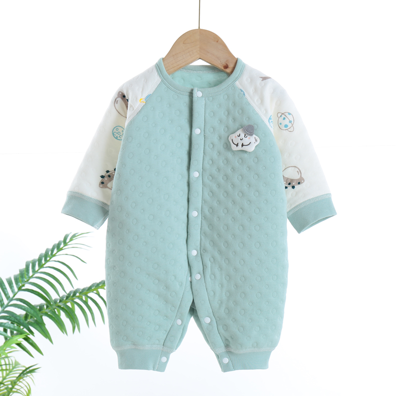 新生儿三层保暖连身衣纯棉无骨春秋厚款02岁婴儿卡通爬服秋冬长爬 - 图1