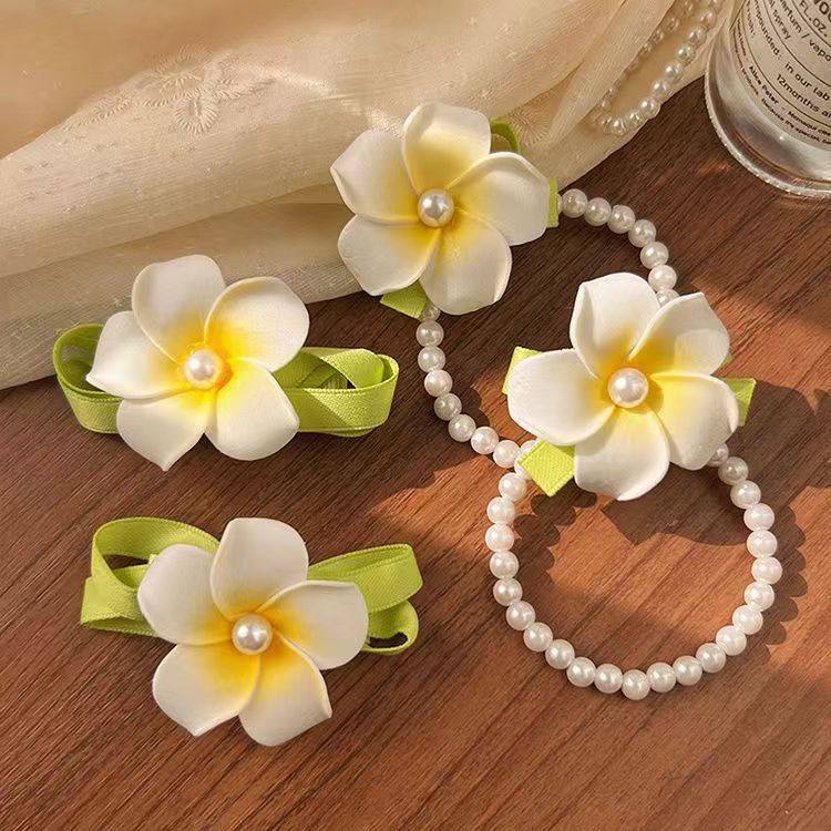 夏日暖阳珍珠鸡蛋花头饰女2024年新款前额侧边刘海发夹低马尾头绳,淘宝优惠券,粉丝福利购,淘宝优惠卷