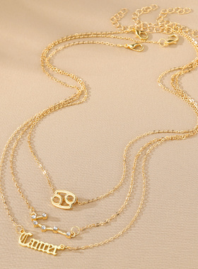 跨境十二星座合金项链女多层12星宿金色镶钻项饰3件套级感饰品