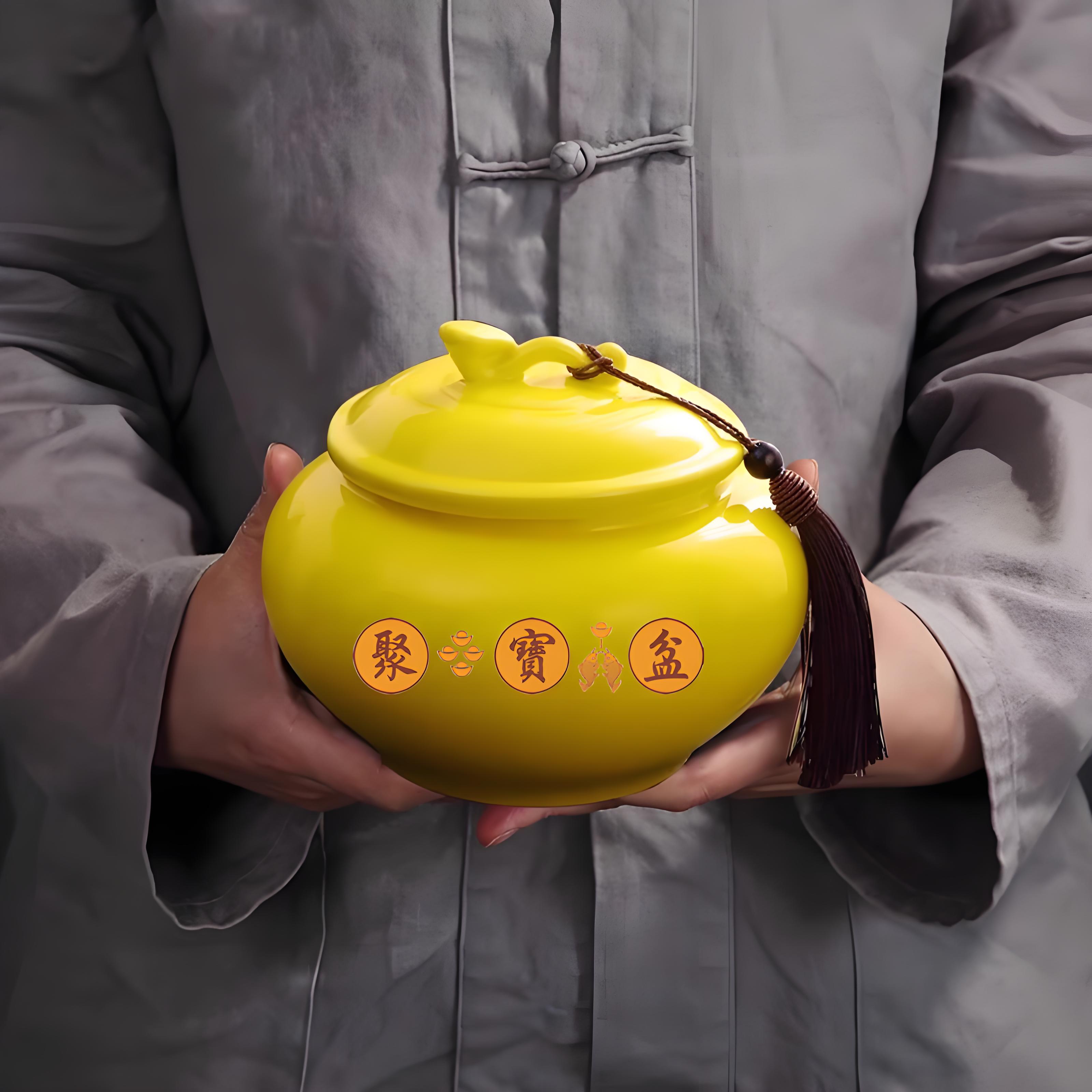 带盖黄色大号陶瓷聚宝盆客厅玄关装饰品招财聚财开业乔迁土罐摆件 - 图0