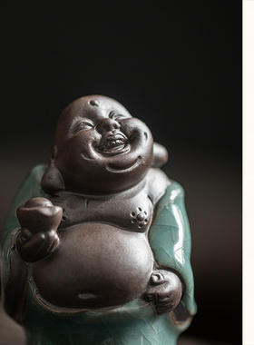 中式陶瓷哥窑茶宠花宠摆件茶玩茶盘茶道花盆园艺装饰品笑佛小弥勒