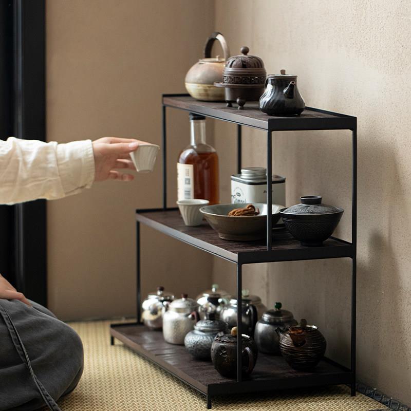 Grass and Wood Temple Iron Art Solid Wood Three-Level Trapezoidal Tea Shed Tea Set Teapot Storage Display Cabinet Cup Holder Tea Set Holder Tea Set Holder