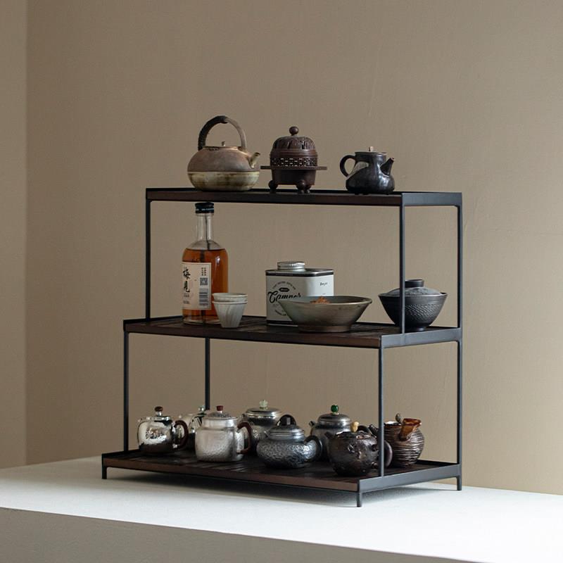 Grass and Wood Temple Iron Art Solid Wood Three-Level Trapezoidal Tea Shed Tea Set Teapot Storage Display Cabinet Cup Holder Tea Set Holder Tea Set Holder