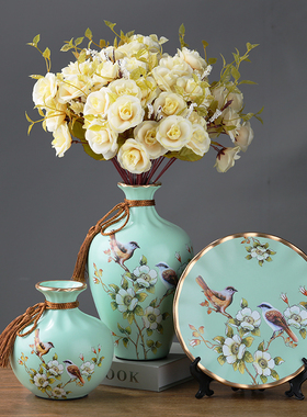 热销美式复古陶瓷摆件花瓶盘子欧式客厅玄关酒柜现代创意家三件套
