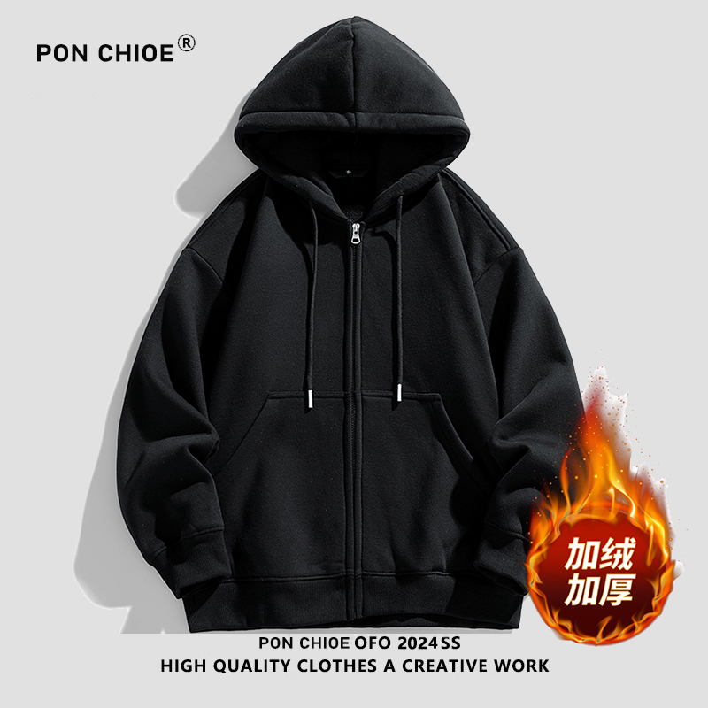 ponchioe美式复古连帽卫衣男秋季加绒宽松休闲情侣拉链开衫外套服