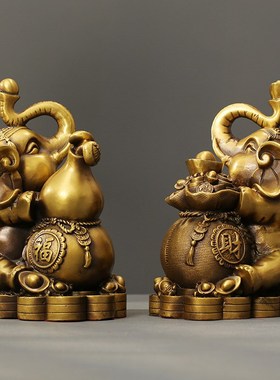 纯铜大象摆件一对招财镇宅财福坐象客厅玄关办公室乔迁家居工艺品