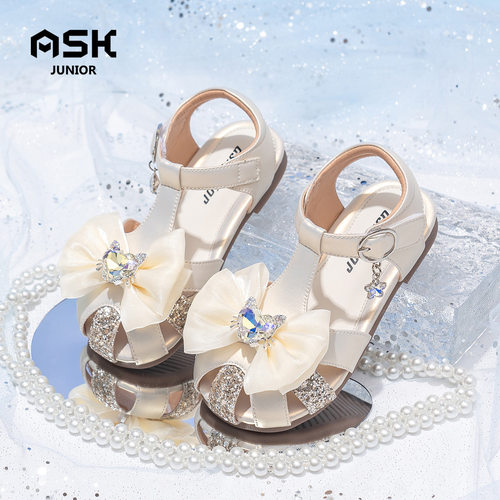 ASK Junior女童凉鞋2025夏季新款包头软底女单鞋水晶蝴蝶结公主鞋 - 图0