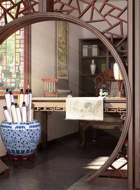 景德镇陶瓷书画缸大号青花瓷卷轴缸箭筒字画笛箫收纳客厅书房摆件