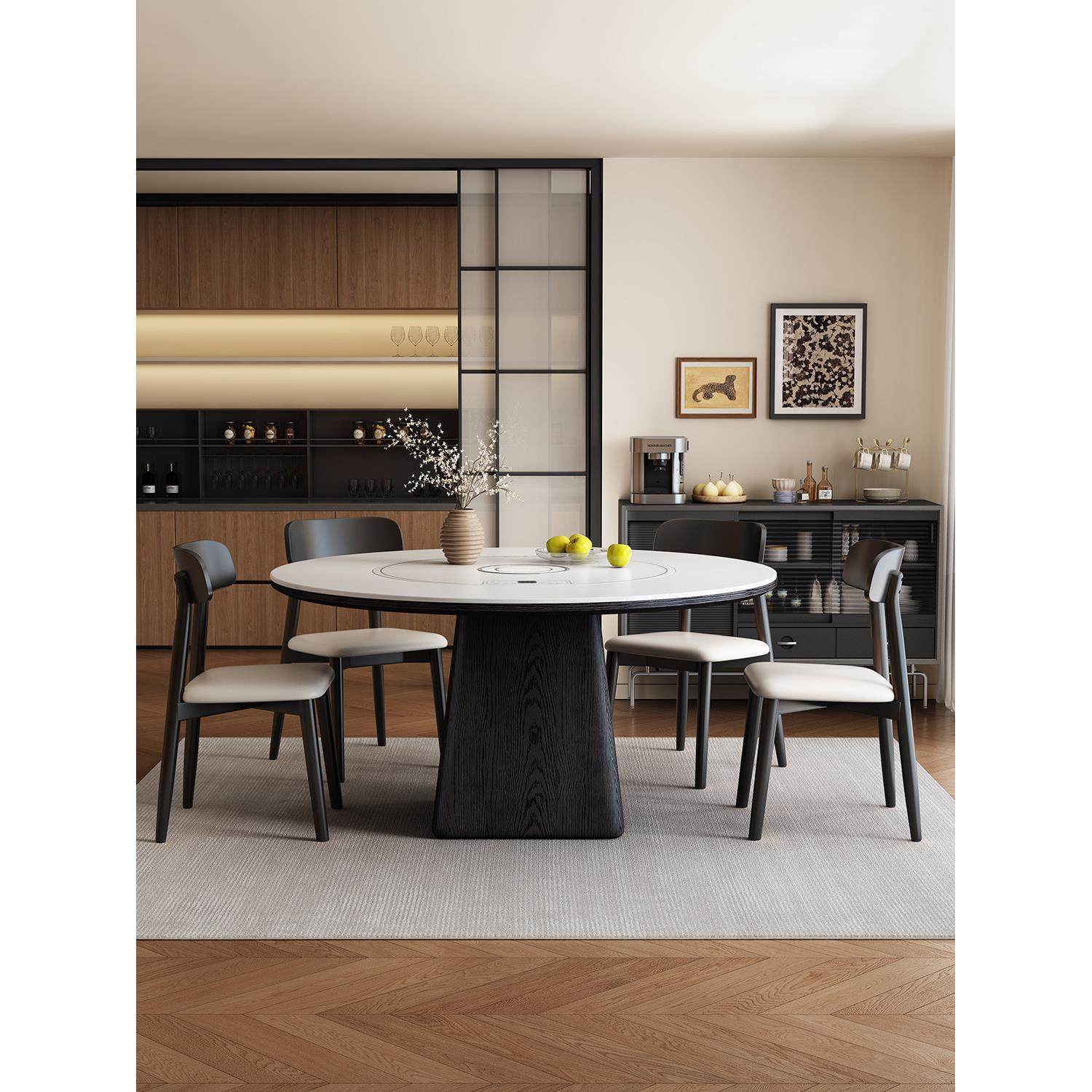 高端实木岩板餐桌椅组合家用小户型内嵌暖菜板圆形带电磁炉大圆桌,淘宝优惠券,粉丝福利购,淘宝优惠卷