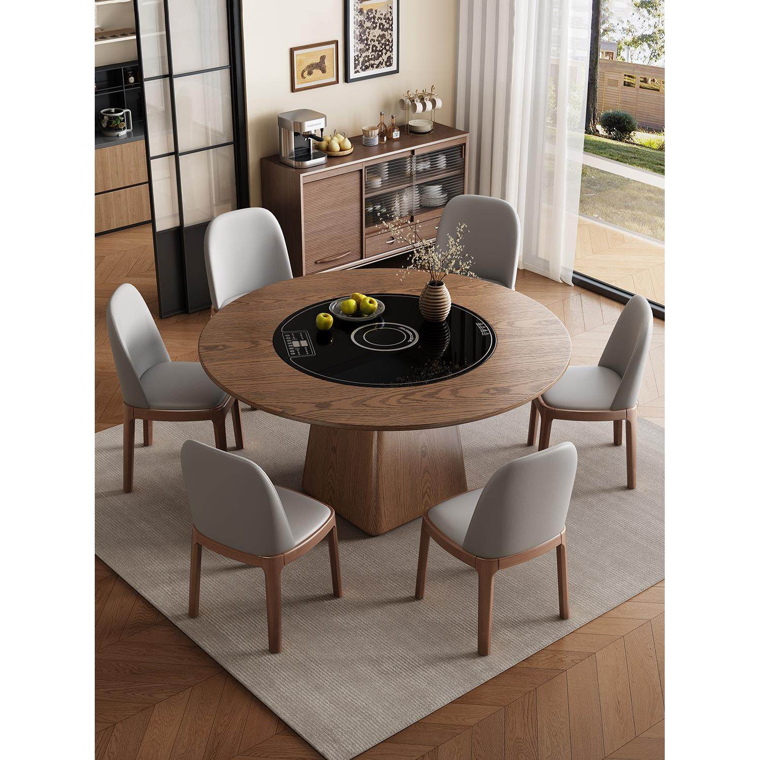 高端实木岩板餐桌椅组合家用小户型内嵌暖菜板圆形带电磁炉大圆桌,淘宝优惠券,粉丝福利购,淘宝优惠卷