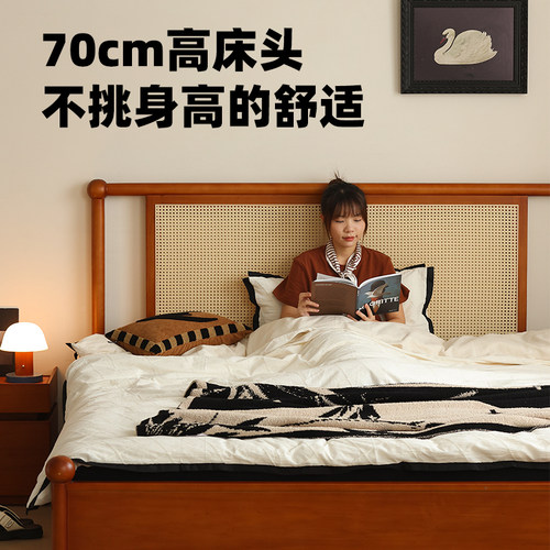 【小万家具】复古实木藤编床藤艺双人床主卧1.8m中古风简约卧室床 - 图2