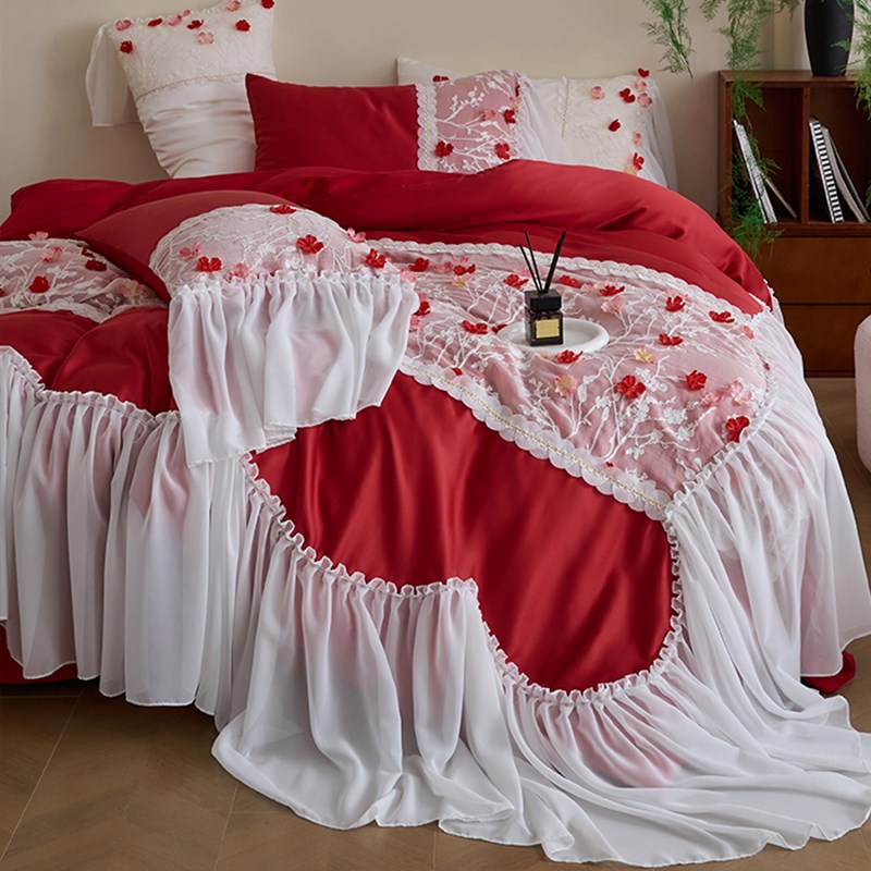 立体花瓣蕾丝花边全棉长绒棉四件套红色结婚O庆被套公主风床单床 - 图1