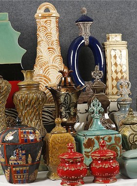 美式复古做旧窑变冰裂纹陶瓷收纳储物罐家居O桌面玄关创意装饰摆