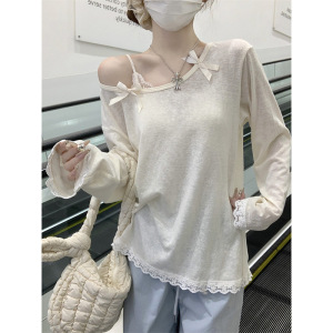 杏色露肩蝴蝶结T恤蕾丝下摆微透宽松显瘦