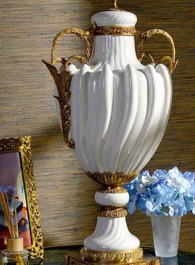 欧式陶瓷镶铜奖杯装饰坛古典奢华家居软装别墅样板工艺品摆件