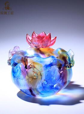 古代玻璃工艺品鱼缸聚宝盆装饰品客厅水晶乔迁礼物无障碍豪华高端