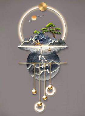 流水生财玄关装饰画山水高档立体LED壁灯新中式入户走廊过道挂画