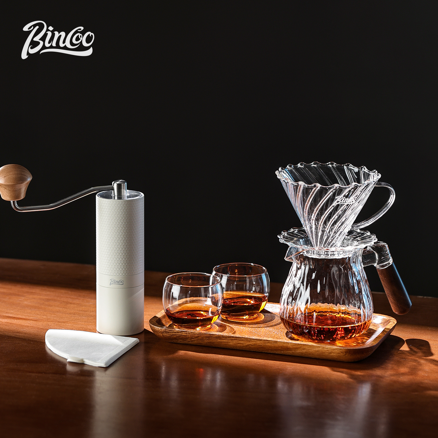 Bincoo树纹木柄手冲咖啡壶套装家用手冲煮磨豆机电子秤滤杯高级感 - 图2