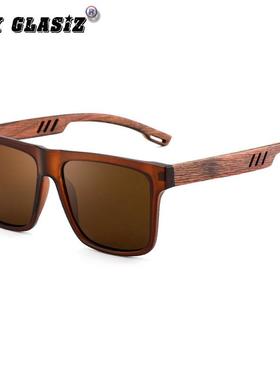 日系风新款太阳眼镜覆古方形男士偏光抗UV绿色竹木镜腿女士太阳眼