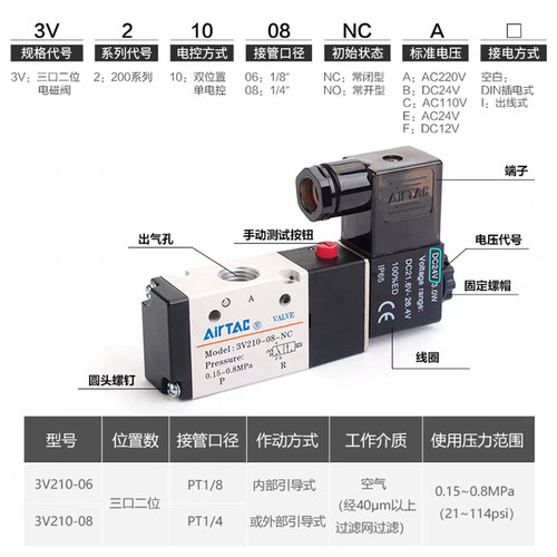 AirTac亚德客电磁阀3V210-08二位三通电磁阀3V110-06 3V310 3V410 - 图1
