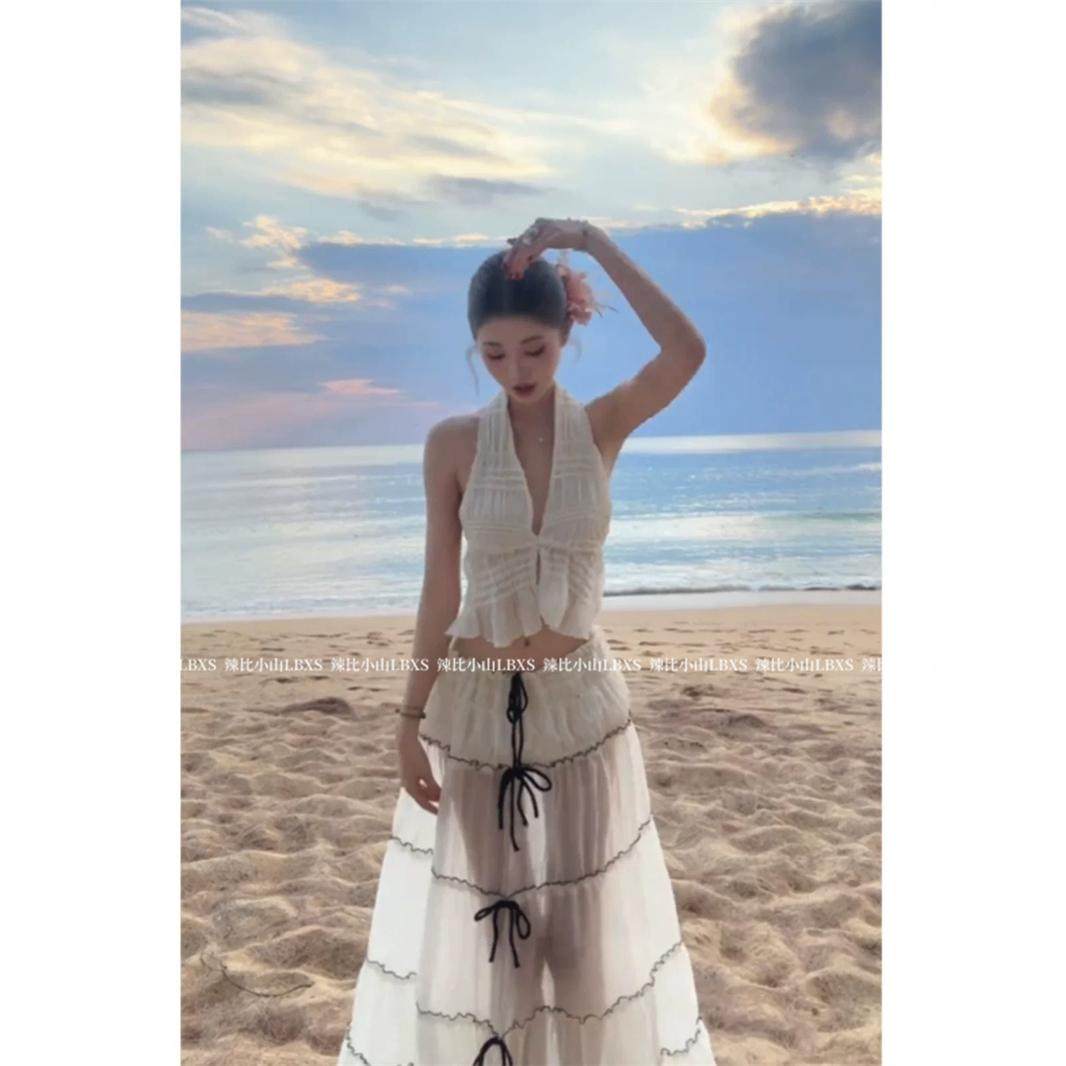 度假风穿搭套装纯欲风美背V领无袖挂脖背心高腰网纱半身长裙套装,淘宝优惠券,粉丝福利购,淘宝优惠卷
