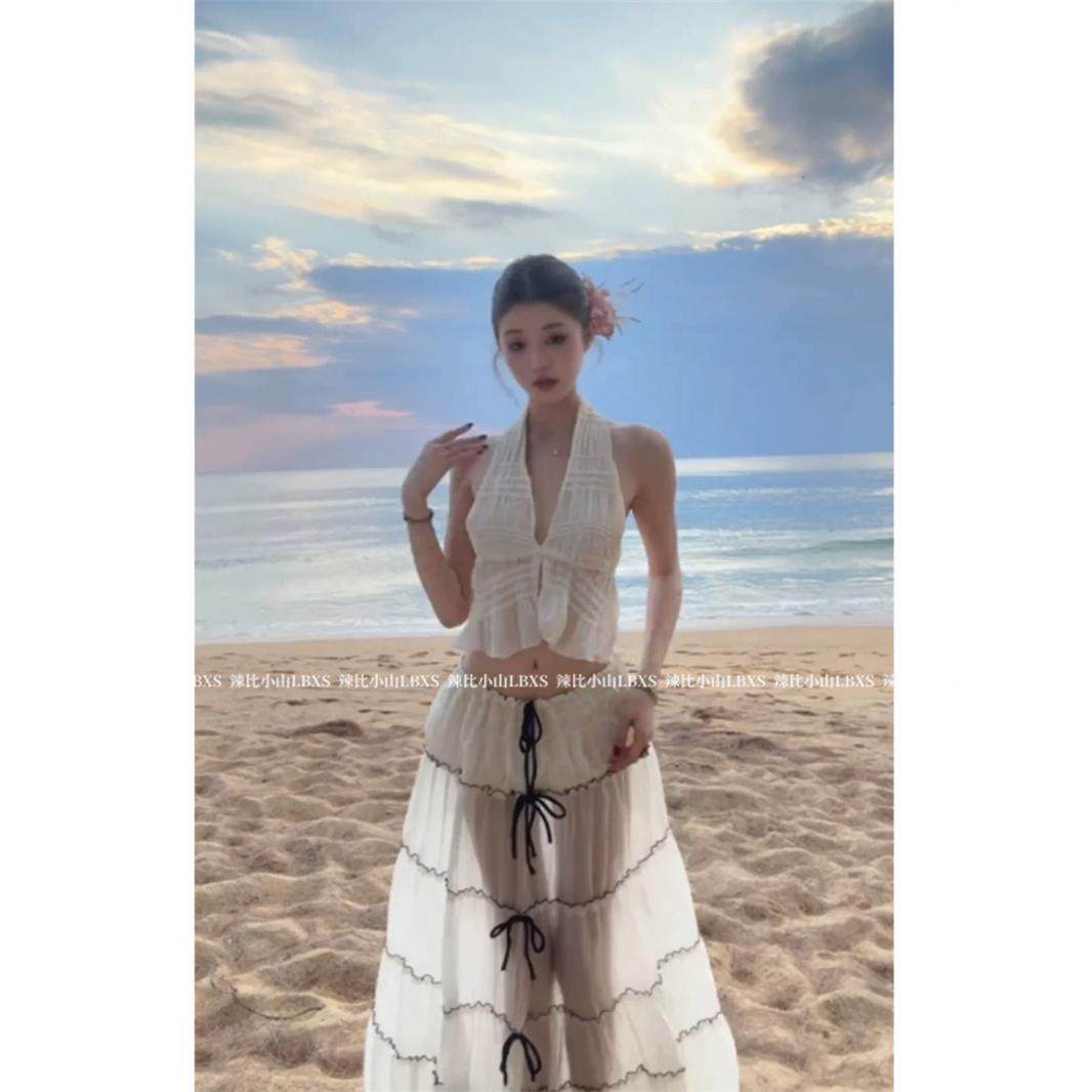 度假风穿搭套装纯欲风美背V领无袖挂脖背心高腰网纱半身长裙套装,淘宝优惠券,粉丝福利购,淘宝优惠卷