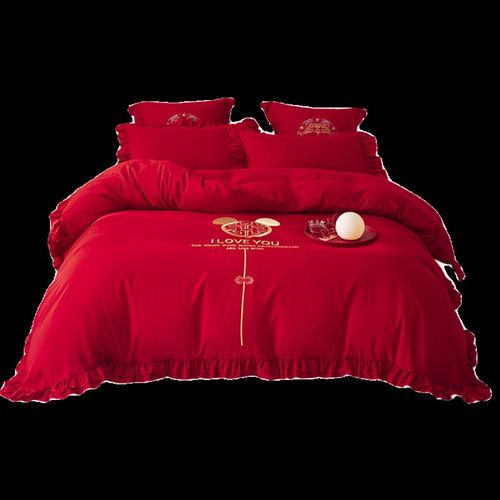 婚庆四件套水洗棉简约蕾丝裙床品大红结婚礼新婚房床喜庆被套中式 - 图2