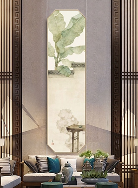 网红新中式壁画竖版创意八边形装饰画禅意中国风挂画客厅入户玄关