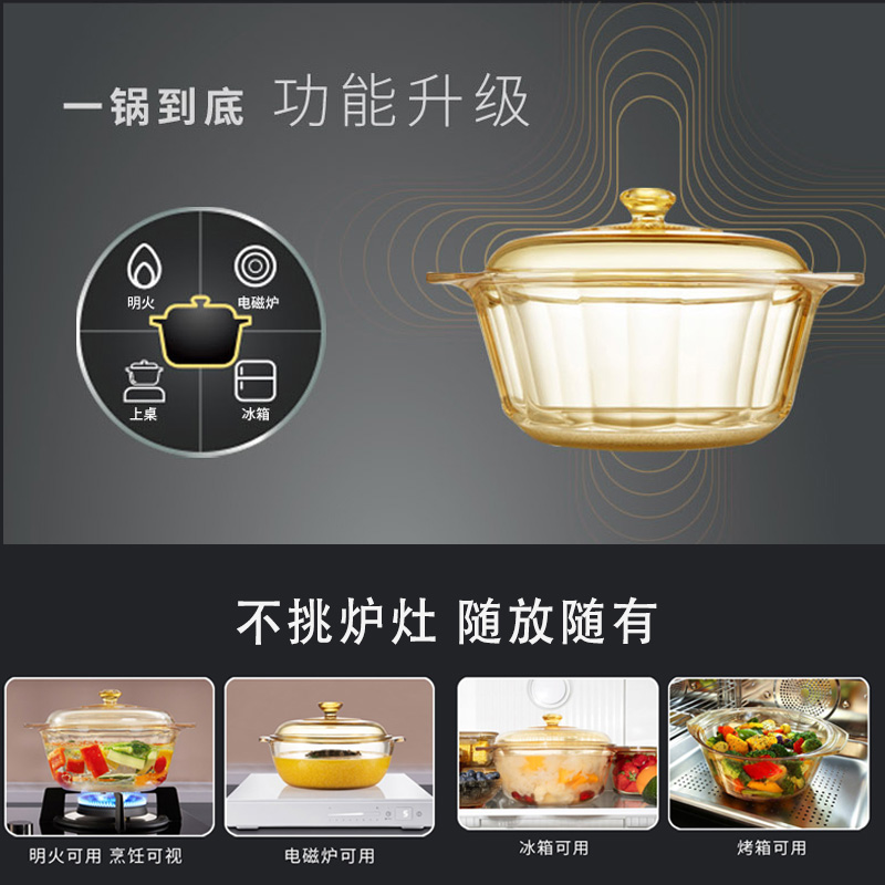 康宁VISIONS官方原装进口玻璃锅明火耐高温透明锅搭配餐具八件套