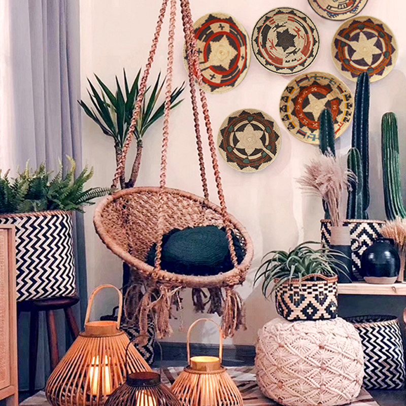 巴基斯坦盘子手工草编收纳篮杂物筐玄关背景墙装饰挂件圆形水果篮 - 图2