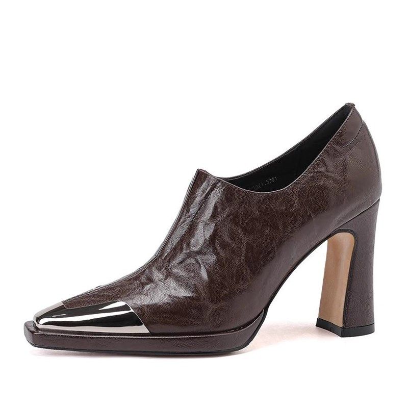 深口单鞋女尖头高跟鞋2024年秋季新款英伦风防撞金属头黑色小皮鞋,淘宝优惠券,粉丝福利购,淘宝优惠卷