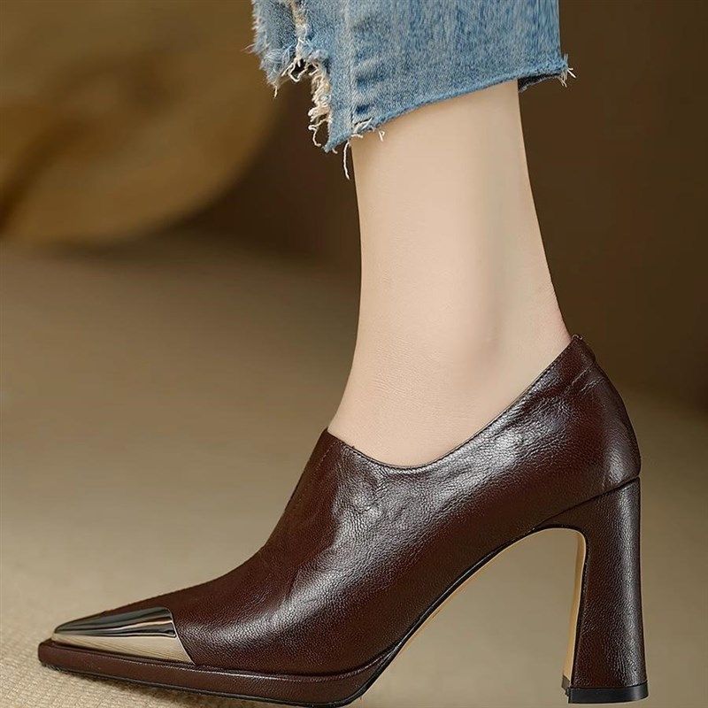 深口单鞋女尖头高跟鞋2024年秋季新款英伦风防撞金属头黑色小皮鞋,淘宝优惠券,粉丝福利购,淘宝优惠卷