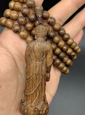 达拉干沉香立体雕刻阿弥陀佛吊坠带佛珠挂脖大日如来毛衣链保平安