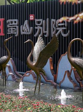 彷铜仙鹤抽象雕塑玻璃纤维庭院大型水池装饰园林景观小品丹顶鹤摆