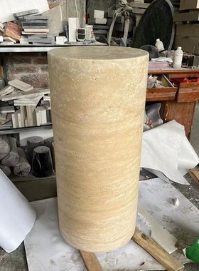 洞石圆柱底座别墅酒店客厅落地装饰立柱天然大理石摆件底座定制