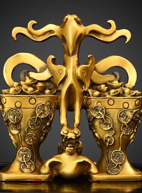 纯铜名利双收摆件左右q逢金貔貅元宝装饰品客厅办公室店铺开业礼