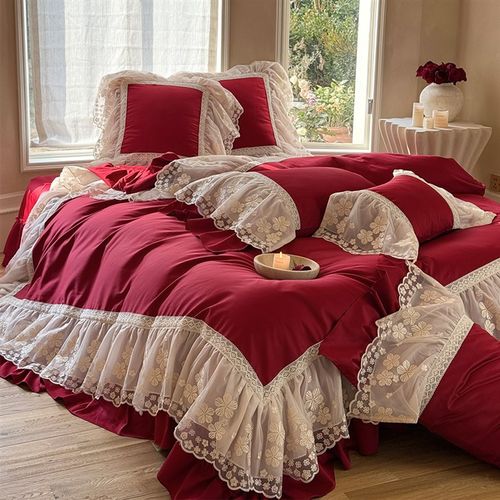 浪漫法式婚庆四件套蕾丝大花边红色结婚被套床裙边1.8米床上用品 - 图1