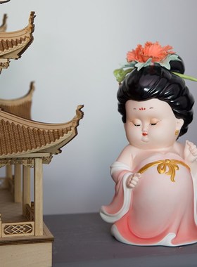 新中式粉色牡丹仙子手工陶瓷工艺品艺术人物摆件高级感小众软装