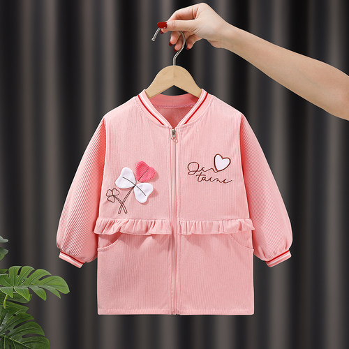 秋冬儿童罩衣防水防脏中大童套羽绒服棉服护衣女洋气长袖外套围裙 - 图0