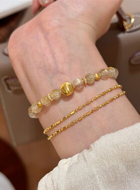 谷岚金胭天然黄水晶金发晶手串女款招财转运拉丝金色串珠手链