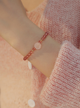 天然粉水晶手链女粉晶粉色水晶手串弹力绳 草莓晶手链女款招桃花